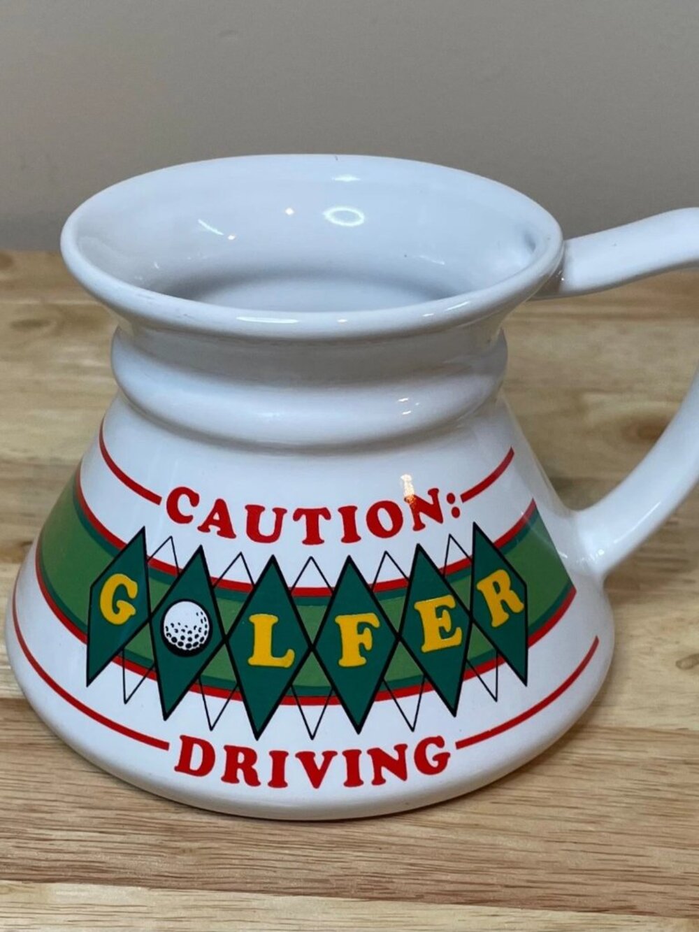 Vintage 80s 90s “Caution: Golfer Driving” Wide-Based Ceramic Coffee Mug 12oz